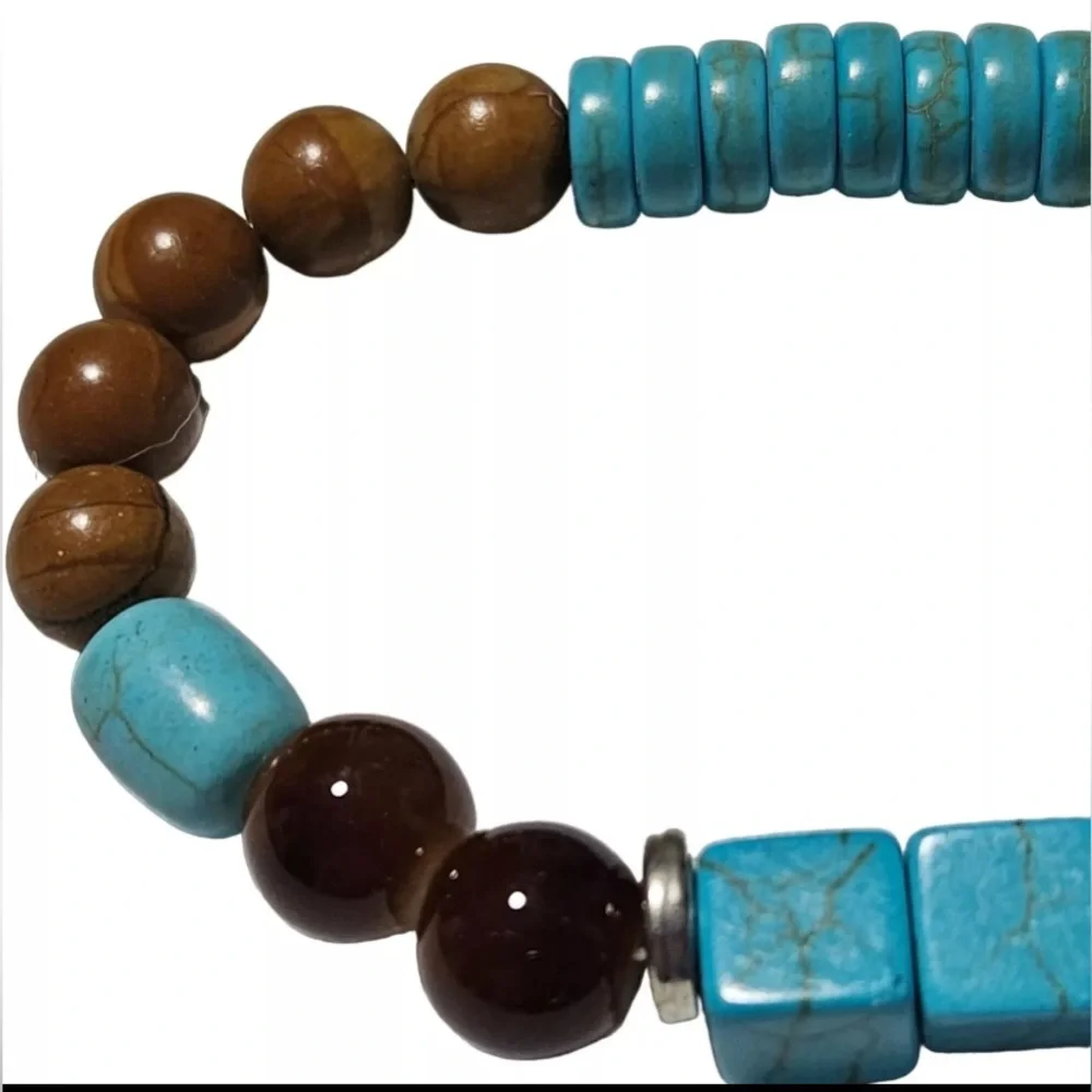 Natural Turquoise and agate Brown Beaded Bracelet NEW